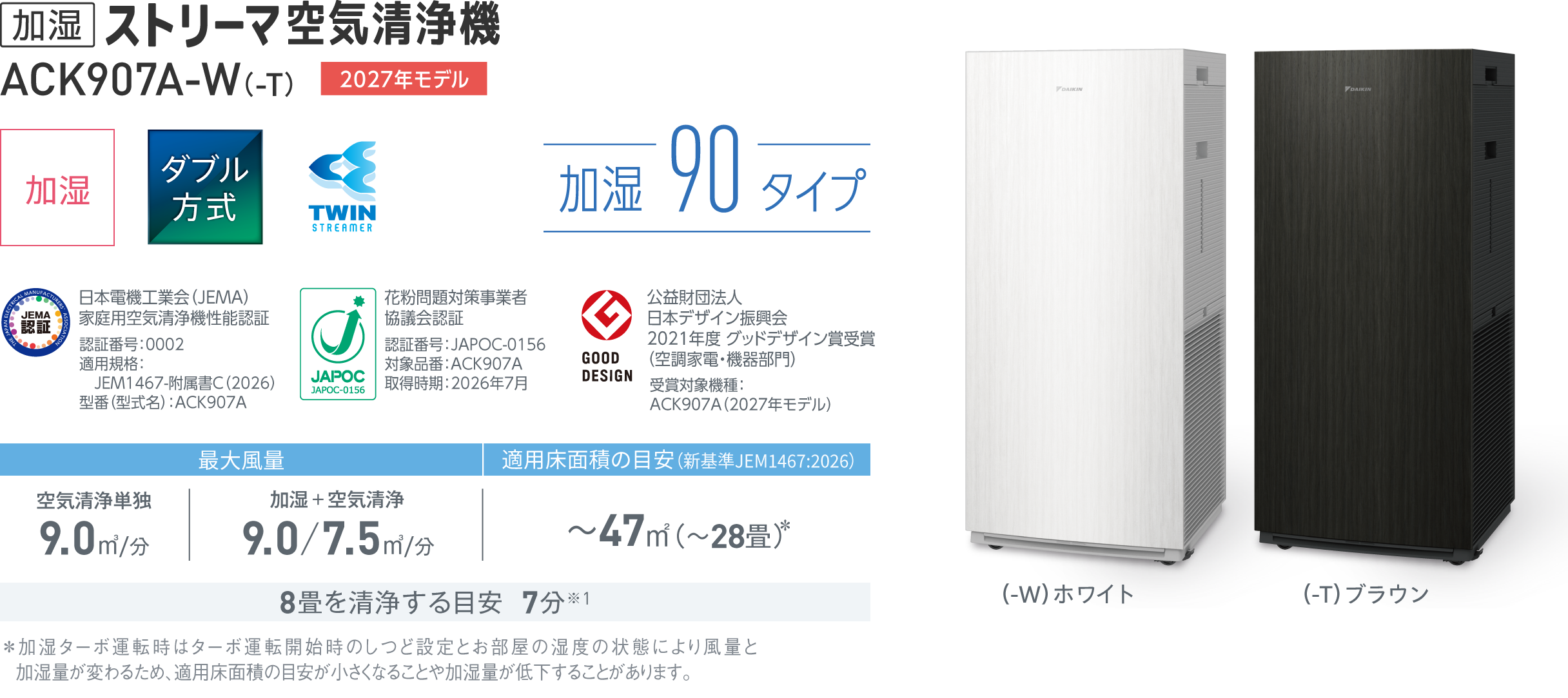 加湿ストリーマ空気清浄機 ACK907A（-W）（-T）